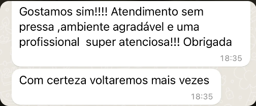 Print de mensagem de paciente elogiando o atendimento sem pressa